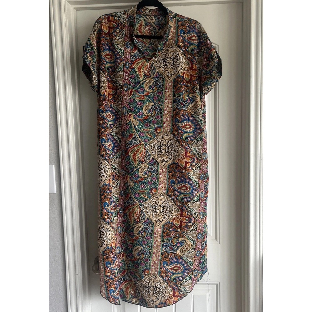 SHEIN Dress Paisley Print Colorful Short Sleeve  XL Mandarin Collar *small tear‎